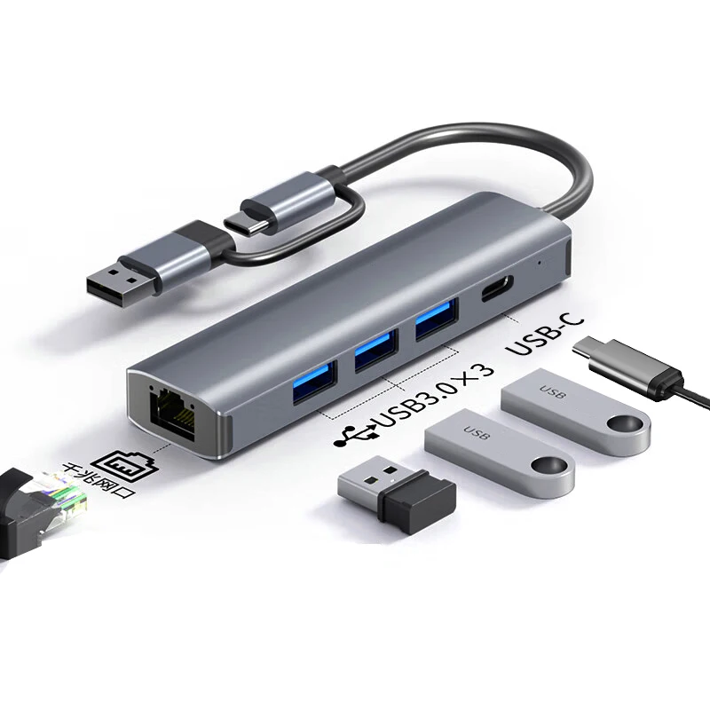 USB C-концентратор USB-C Многопортовый адаптер USB-A Тип C USB 3.0 Передача данных Гигабитный проводной сетевой адаптер 1000 Мбит/с RJ45 Станция 5 в 1