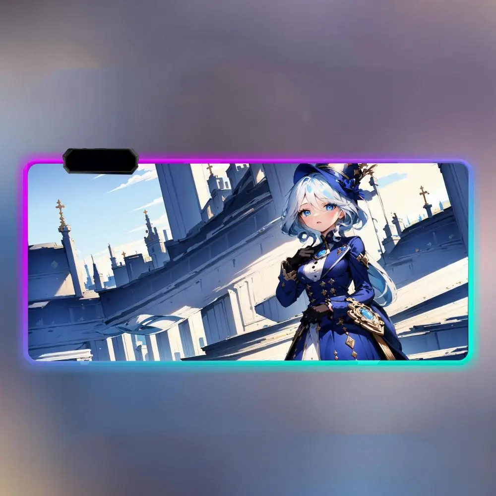 F-Focalors F-Furina Mouse Pad Luminous Desk Mouse Pad RGB Computer Laptop Anime Keyboard Mouse Mat Keyboard LED Mousepad For Pc