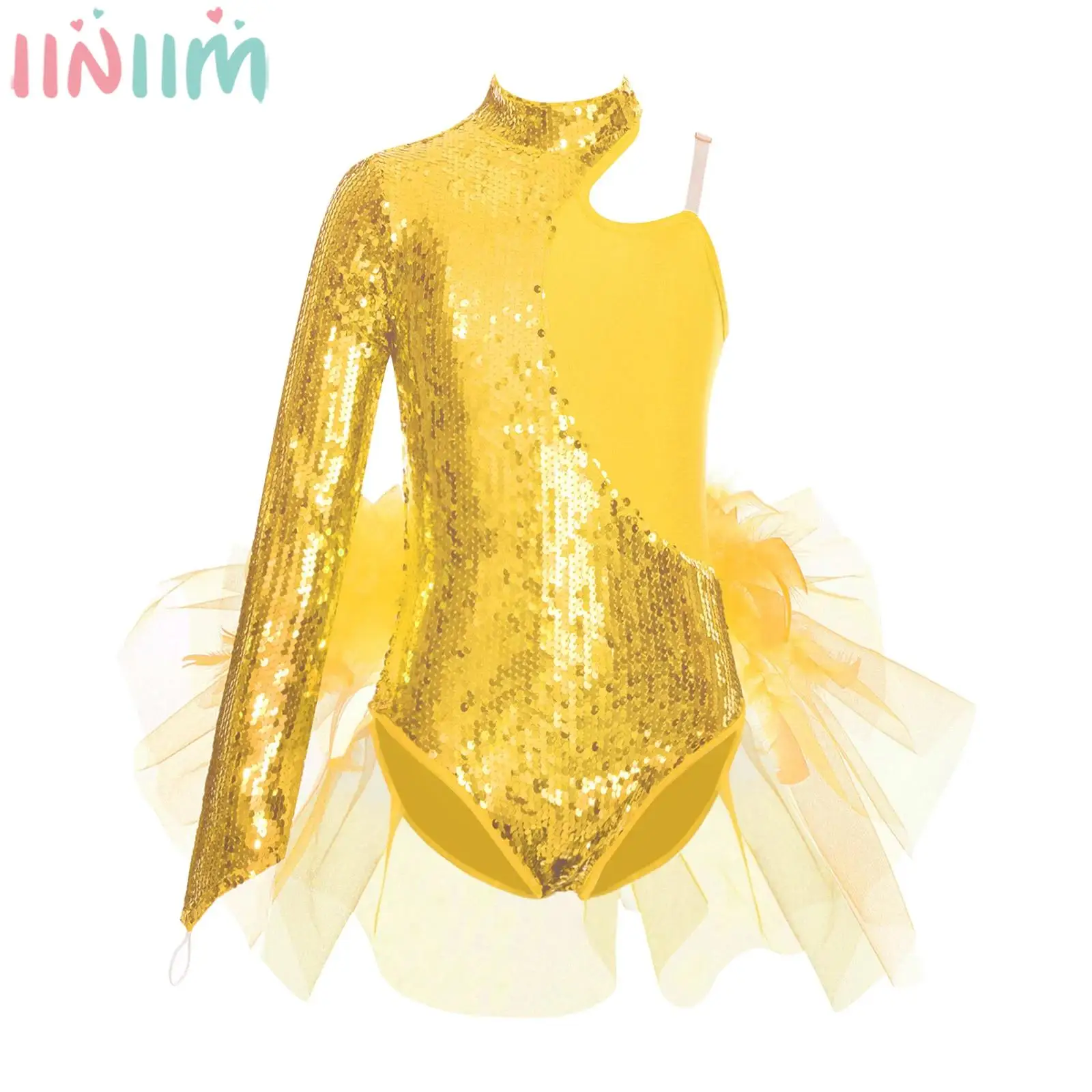 

6-16Y Girls Ballet Dance Leotard Figure Skating Gymnastics Bodysuit Shiny Sequin Skirted Tutu Dancewear for Stage Performance