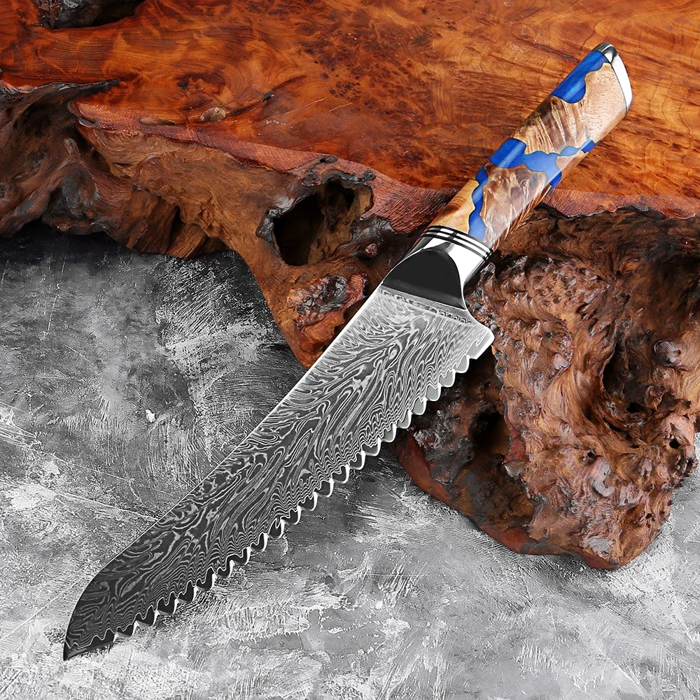 

Профессиональный набор кухонных ножей 1-9 шт., кухонные ножи из дамасской стали для шеф-повара, Сантоку, хлеба, обвалки и пирсинга, синяя ручка из смолы