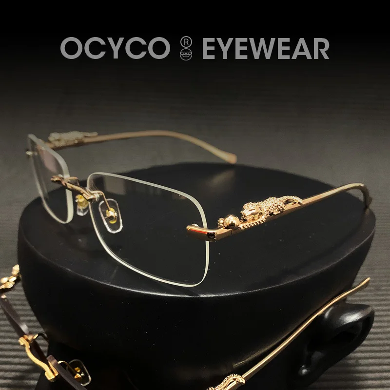 Rectangle Rimless Sunglasses Retro Cheetah Women Fashion Sun Glasses Men UV400 Eyewear Square Leopard Head Metal Shades