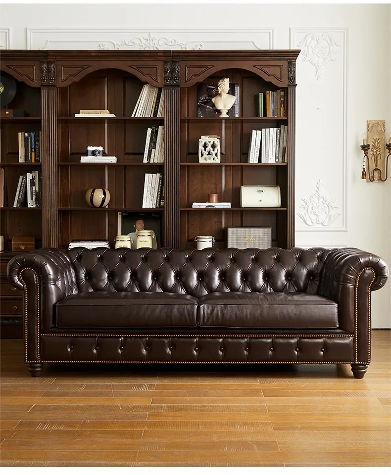 

Sofa American retro all-leather buckle sofa imported first layer cowhide