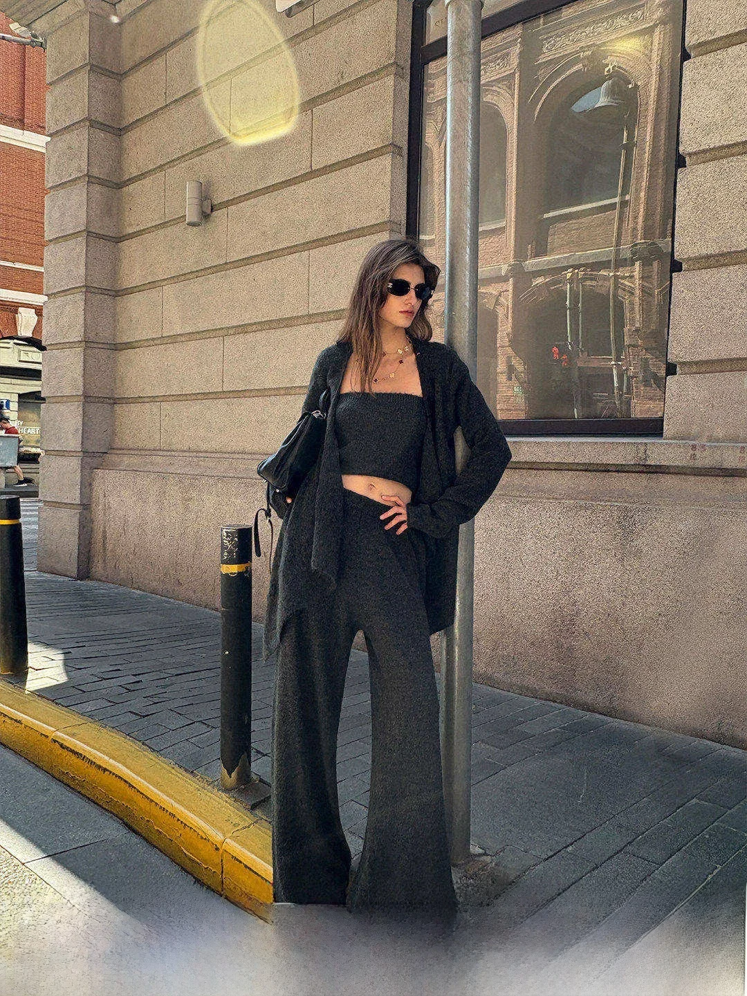 

Luna7xi Deep Grey Long Open Cardigan Top Women's Straight Casual Pants Tube Top Fashionable Fashion Set Women's Suit
