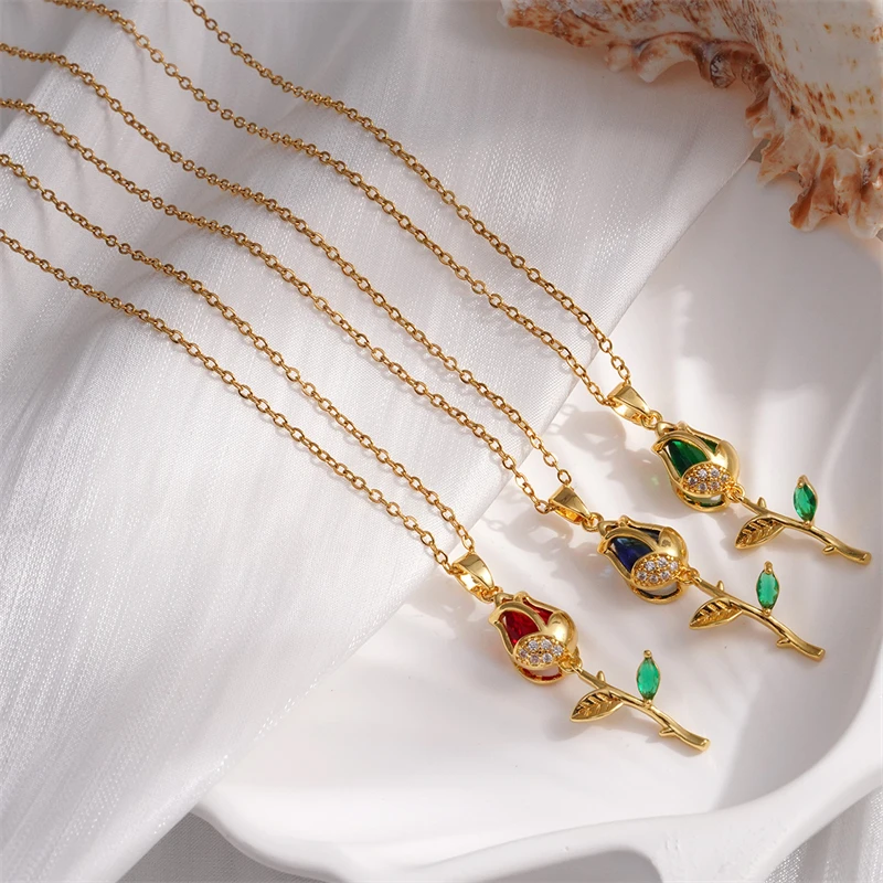 Edle Edelstahl-Tulpenanhänger-Halskette für Damen Elegante Goldfarben-Kette Blumen-Halskette Glücksbringer-Schmuck Geschenk – Detail 2