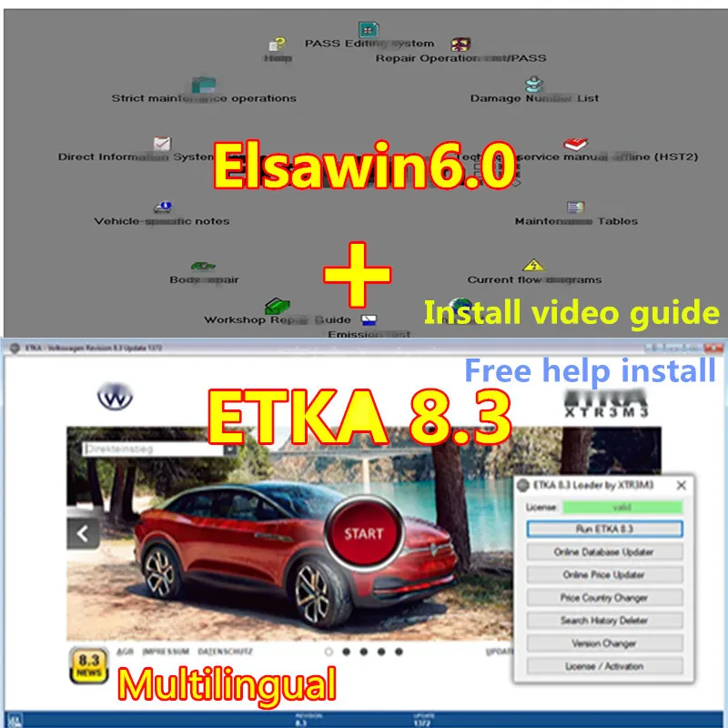 

Etka 8.3 with ELSAWIN 6.0 latest maintenance software group vehicle electronic parts catalog, suitable for V/W+AU/DI+SE/AT+SKO/D