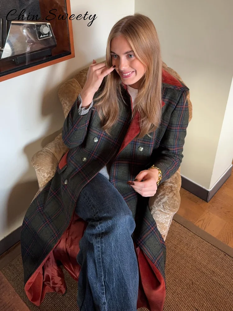 Elegancki płaszcz trencz w kontrastowe kraty damski z klapami, długie rękawy, jednorzędowy, z kieszeniami, wierzchni płaszcz na wiosnę 2026, odzież wierzchnia damska.