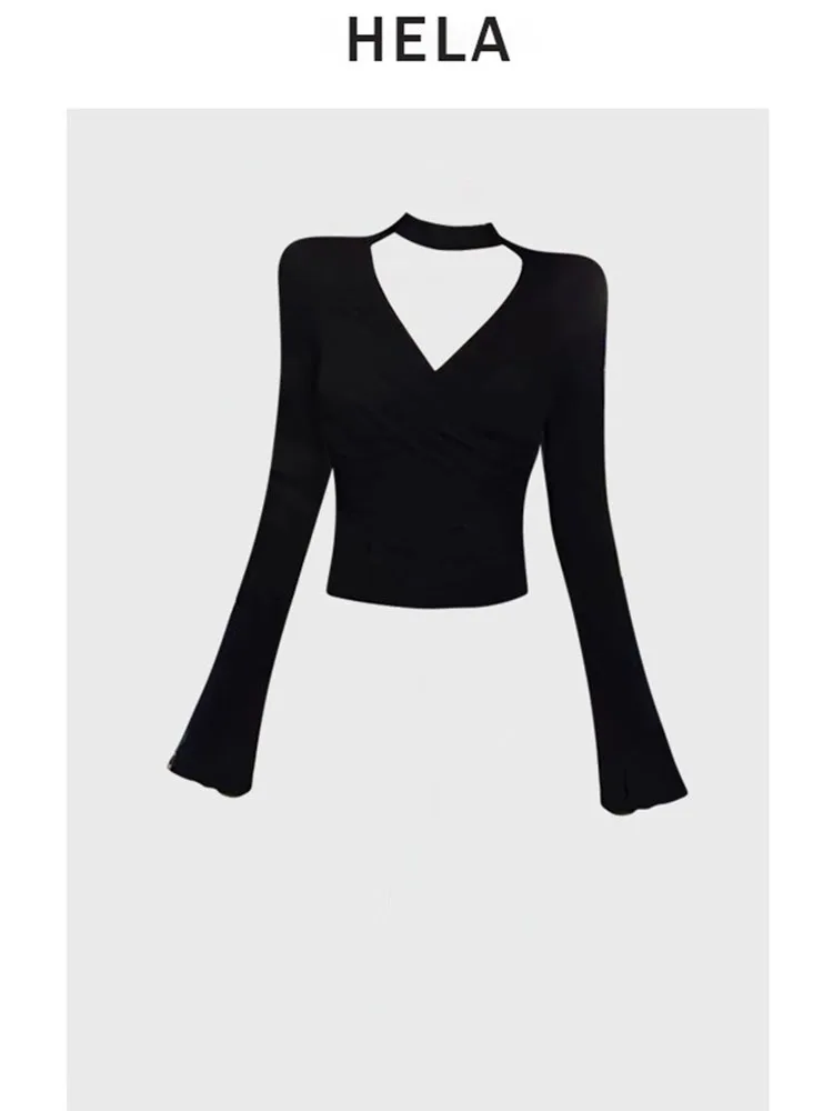 HELA Top de capa base ajustado con cuello en V para mujer, talla ande, otoño invierno 2024, conjunto de falda envolvente es...