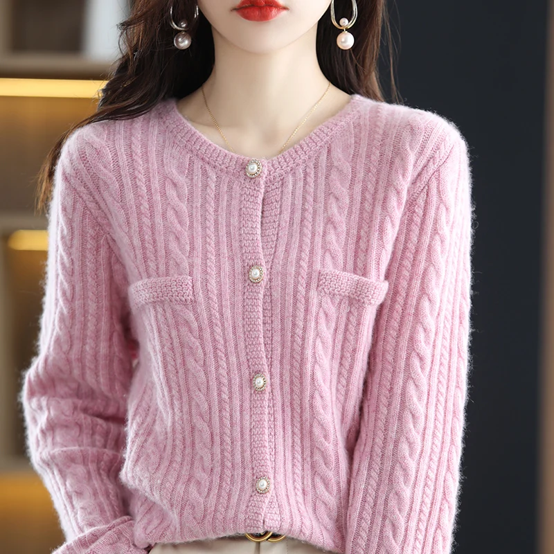 

2023 Spring Winter/Autumn New Fashion 100% Wool Cardigan Women's O-Neck Long Sleeve Knitted Jacket Coat M-XXL Sweater Standard
