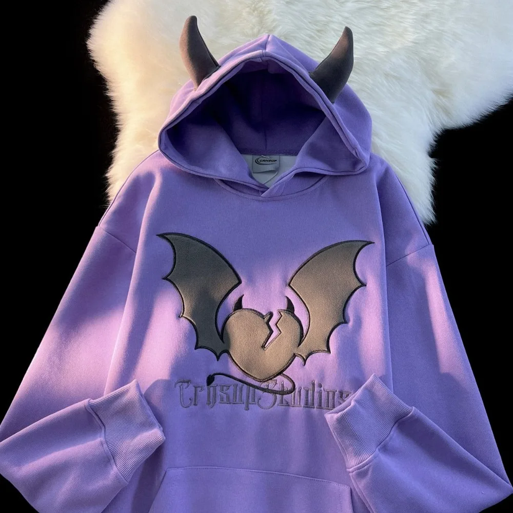 Harajuku Cute Embroidery Bat Wings Cartoon Anime Hoodie Sweatshirt Teenage Students Kawaii Clohtes Long Sleeve Loose Winter Tops