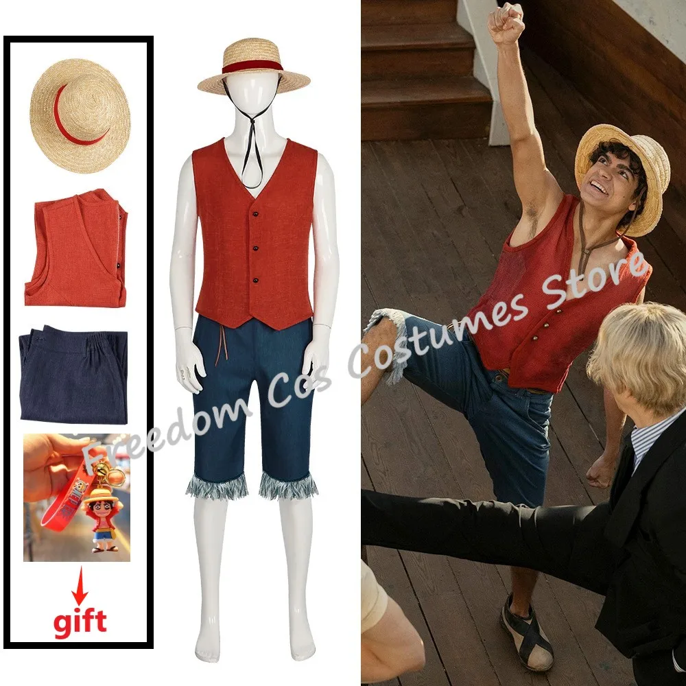

Luffy Cosplay Monkey D Luffy Costume Red Vest Shorts Hat Rope Anime Outfit Adults Men for Halloween Party Suit