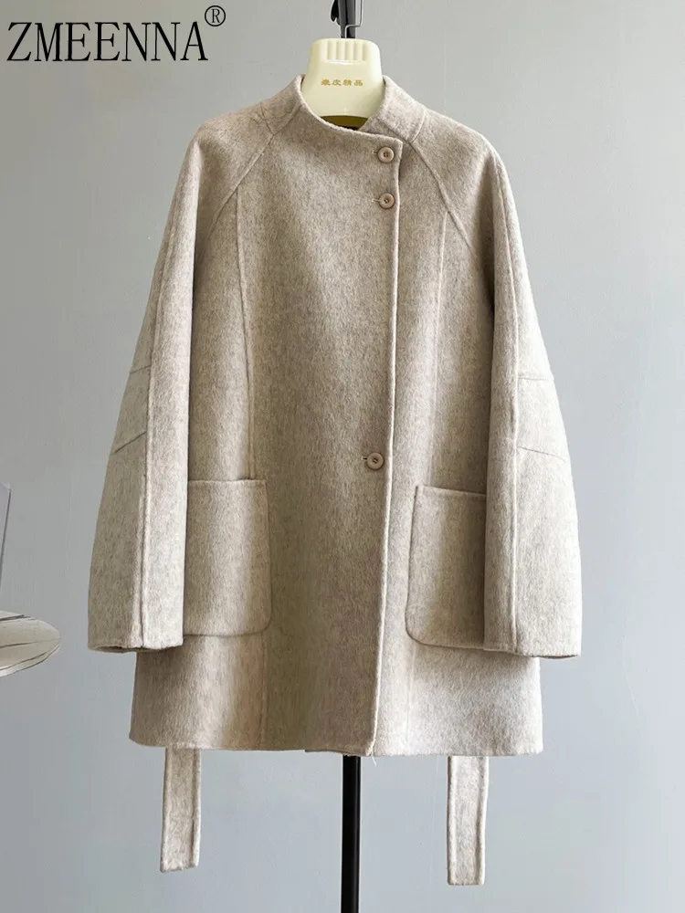 

ZMEENNA Stylish Women's Wool Blend Stand Collar Cape Coat With Pockets And Belt Detail Elegant Winter Outerwear Chic ZM3497