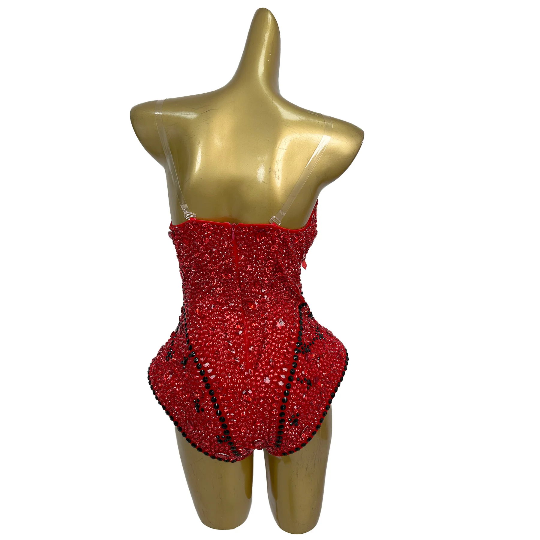 Qianwan Sexy Luxurious Women's Stage Performance Costume Red Rhinestone Pearl V-neck Jumpsuit With Gloves Hat 3PCS Prom Gowns