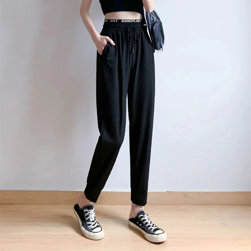 Quick-dry Sport Pants Women Summer Ultra-thin Ice Silk High Waist Sweatpants Joggers Trousers Black Casual Harem Pants