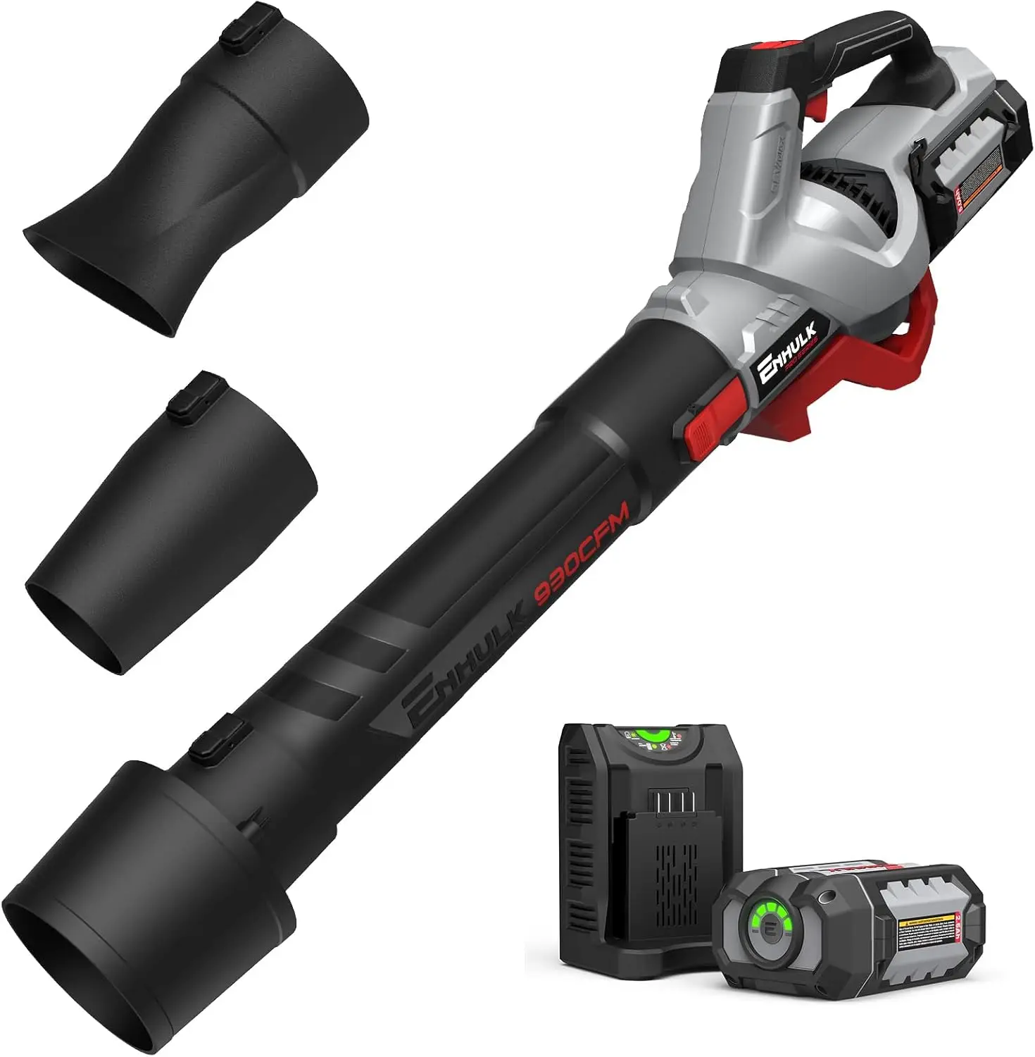 

Leaf Blower Cordless Enhulk 58V Powerful Blower 930 CFM Max. Brushless Motor Cruise Control Turbo Variable-Speeds CoolBlast Tech