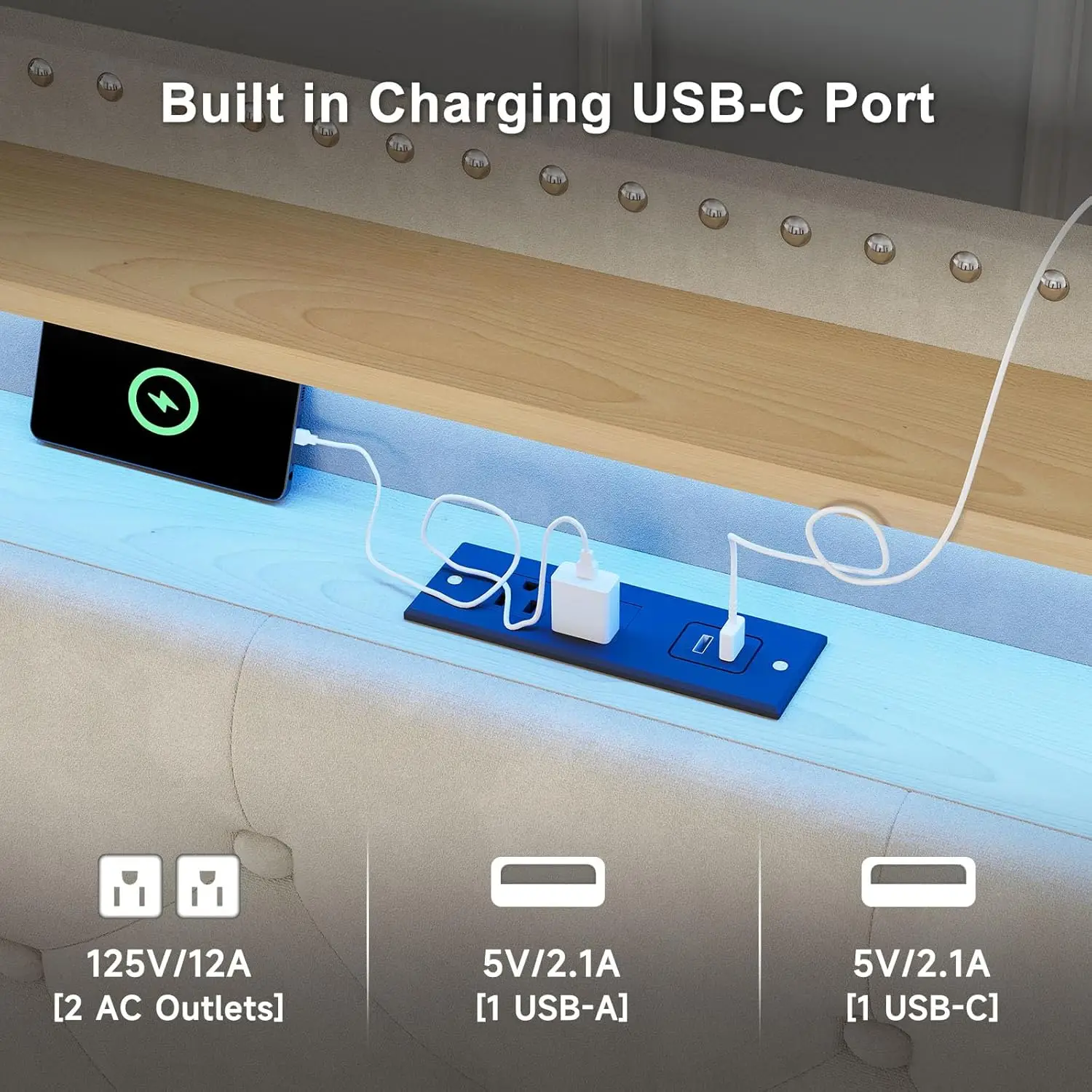 Noisy Free Bed Frame com Luzes LED e Estação de Carregamento USB, Veludo Estofado Plataforma, Armazenamento Cabeceira, 4 Gavetas