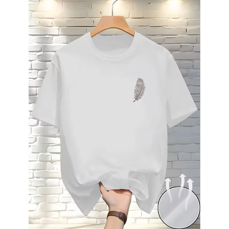 Men's pure cotton T-shirt minimalist feather pattern printed round neck short sleeved soft breathable cotton short sleeved