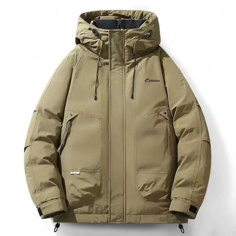 Hooded Stand Collar Men Down Coat New Winter Casual Cargo Jacket Solid Color Long Sleeve Windproof Thicken Warm Outerwear Male