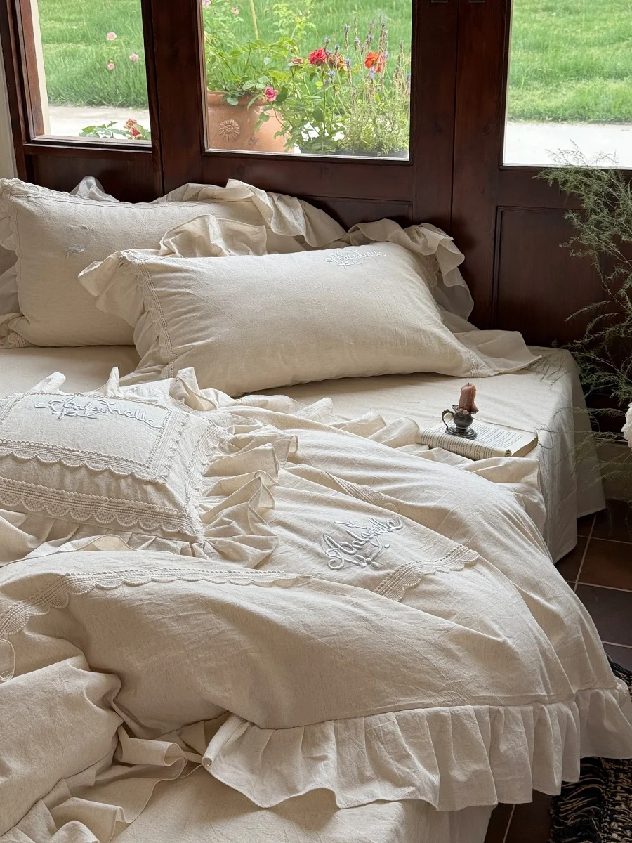 Miss Fleur Retro Style Pure Cotton Linen Four Piece Bedding Set Romantic Lace Trim Quilt Cover Bedding French Style Active Pr...
