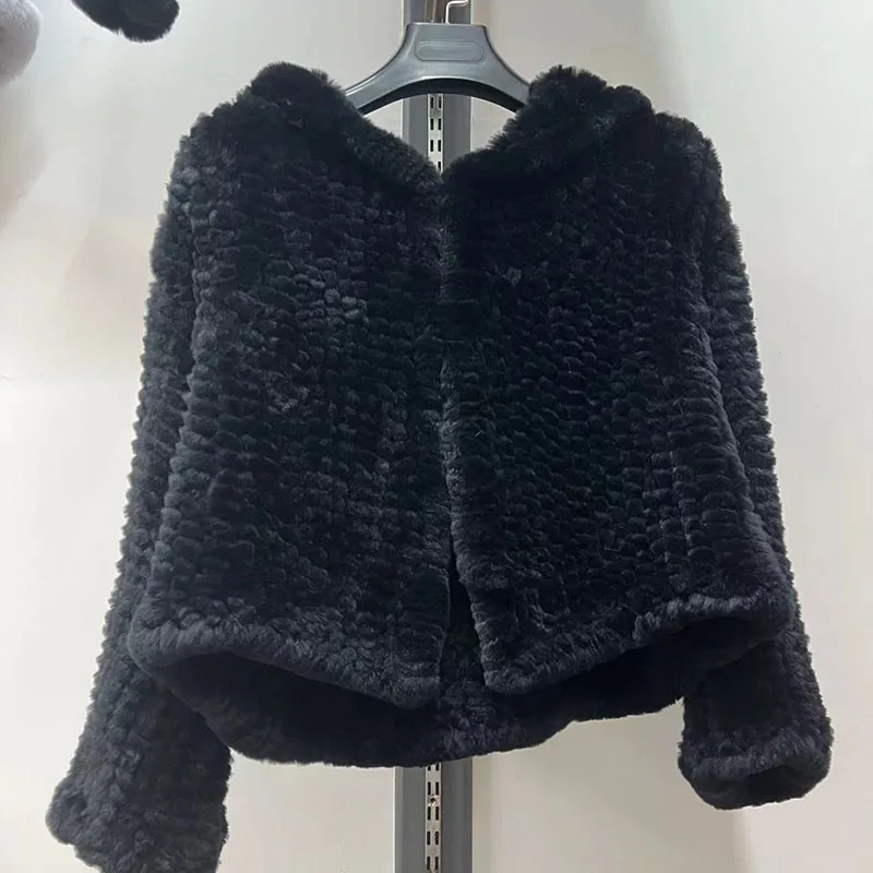 Cappotto con cappuccio in vera pelliccia di coniglio Rex lavorato a maglia invernale da donna moda femminile giacche di pelliccia genuina calda capispalla in pelliccia di coniglio naturale femminile