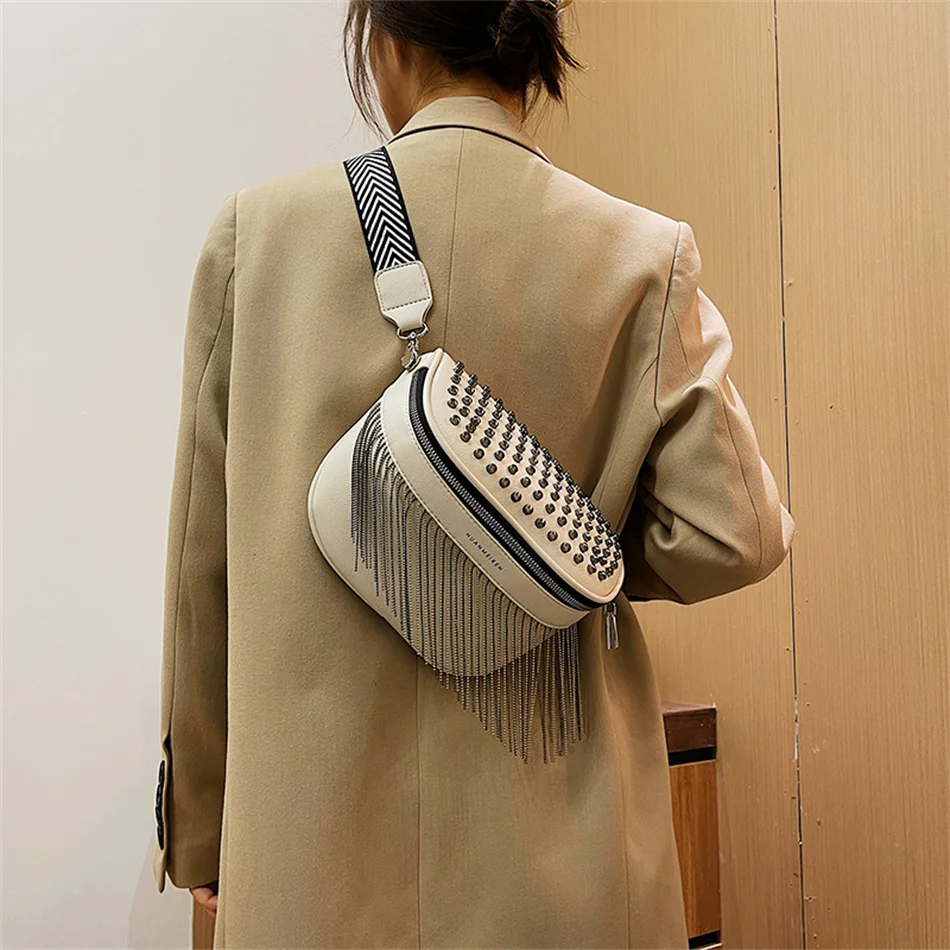 Luxury Woman Chest Bag Fashion Tassel Leather Large Capacity Crossbody Sling  Bag Women Waist Bag Casual Rivet Design Travel Sac