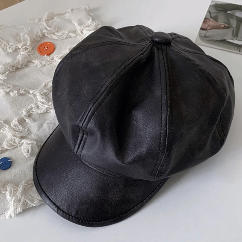 

Retro British Style Pu Leather Beret Autumn Winter Black Brown Women's Beret Casual Octagonal Cap Artist Cap Women