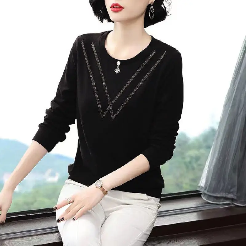 Women\'s Clothing Solid Color Pullover Round Neck Geometric Lantern Long Sleeve Rhinestone T-shirt Casual Elegant Aesthetic Tops