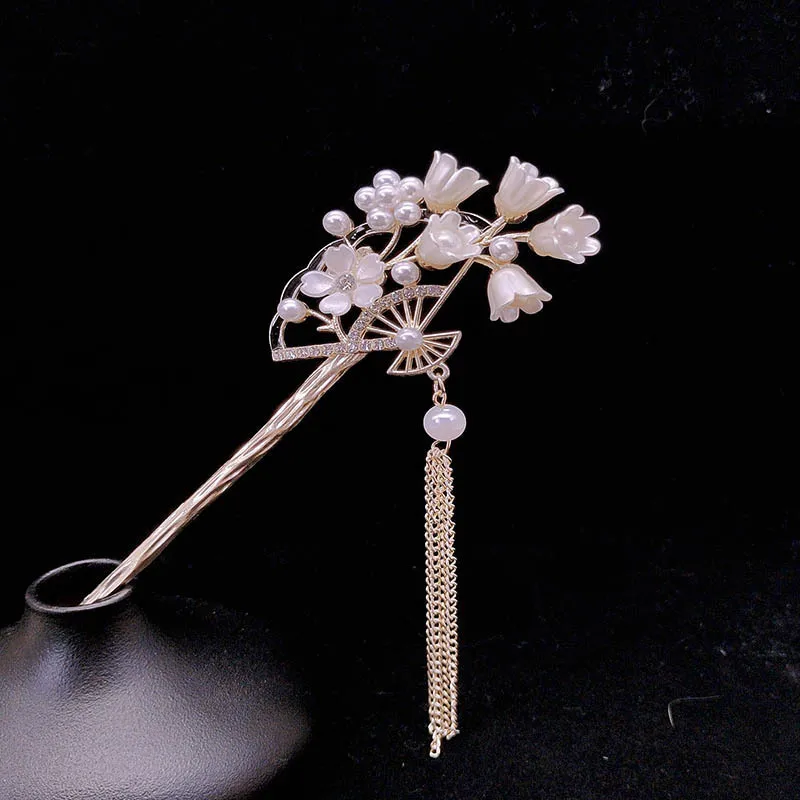 

Новый высококачественный складной веер в древнем стиле в китайском стиле, заколка для волос с кисточкой и цветком лилии, головной убор со спиральной шпилькой