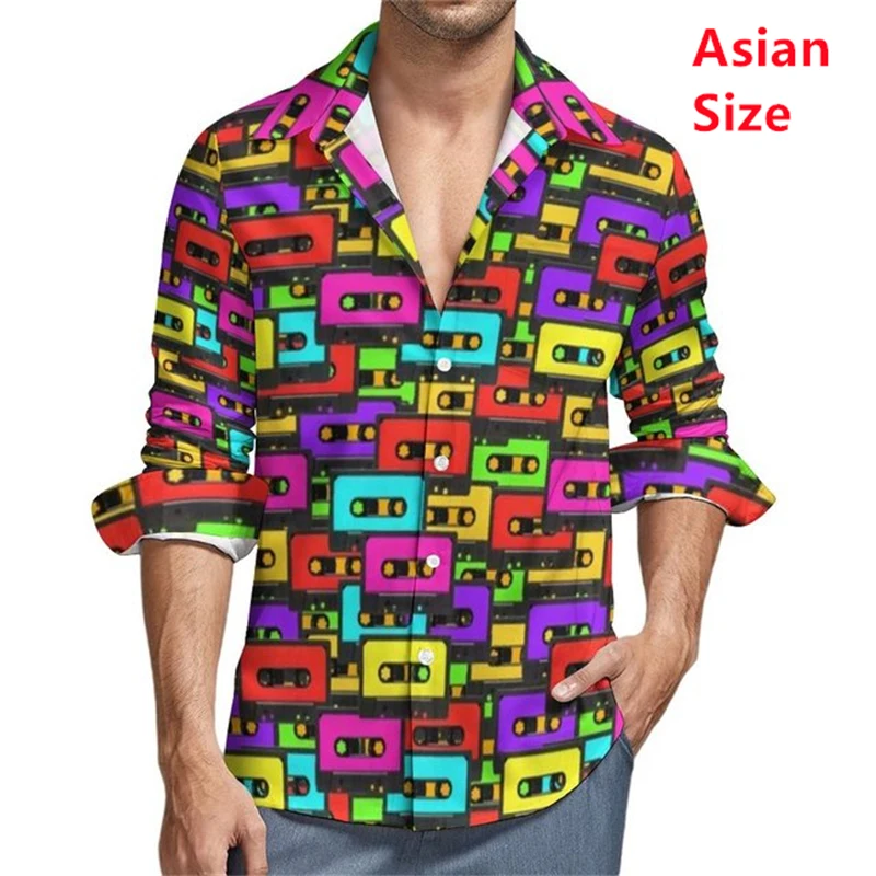 

Music Shirt Autumn Colorful 80s Audio Tapes Casual Man Shirts Novelty Blouse Long Sleeve Streetwear Clothing Plus Size 6xl Tops