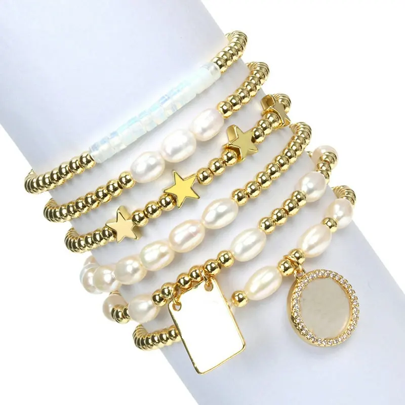 Hot New Fashion Natural Pearl CZ Cross Charm Elastic Charm Beaded Bracelets Multi Design for Women