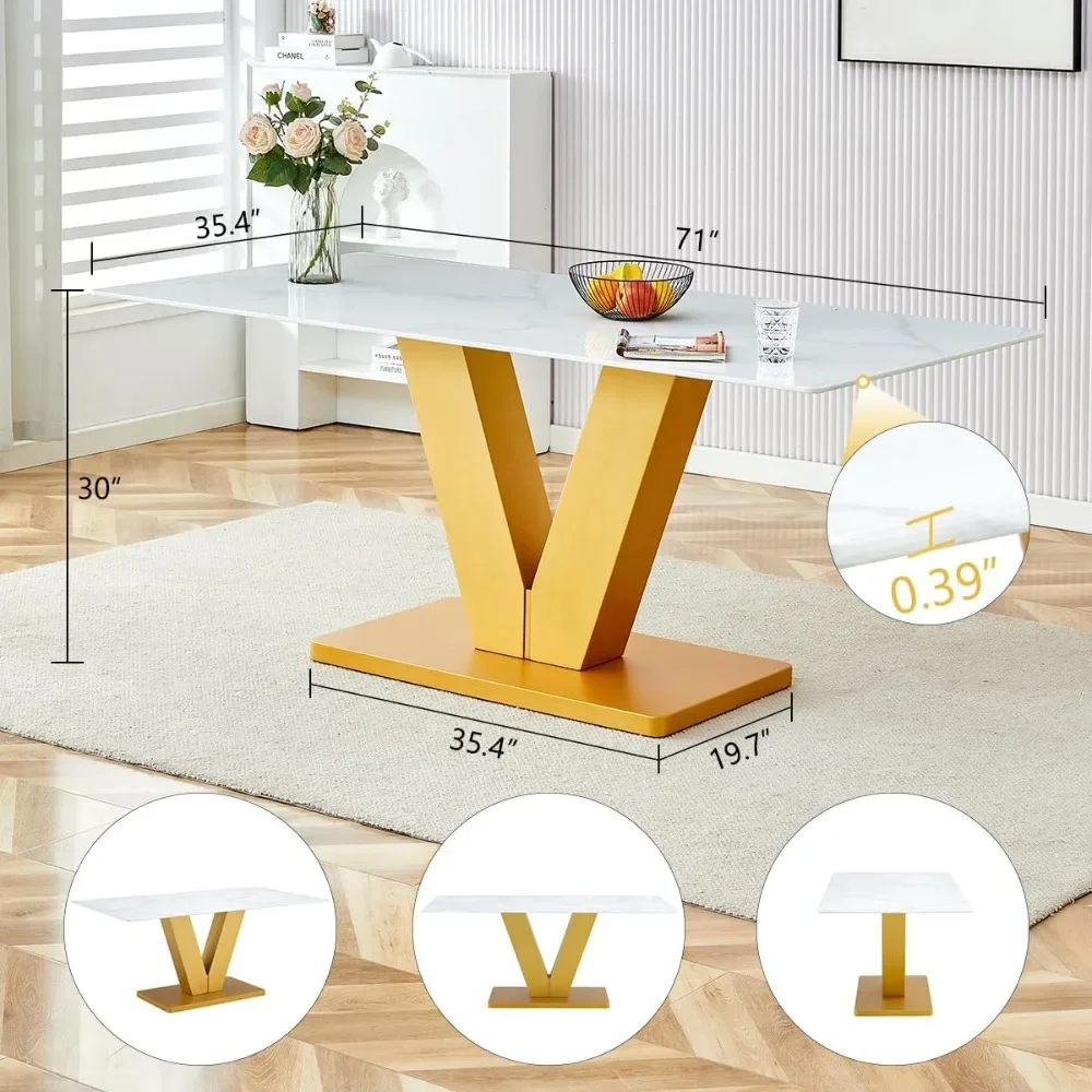 Marble Dining Table,Kitchen & Dining Room Tables,Gold Dining Table with V Shape Legs,Modern