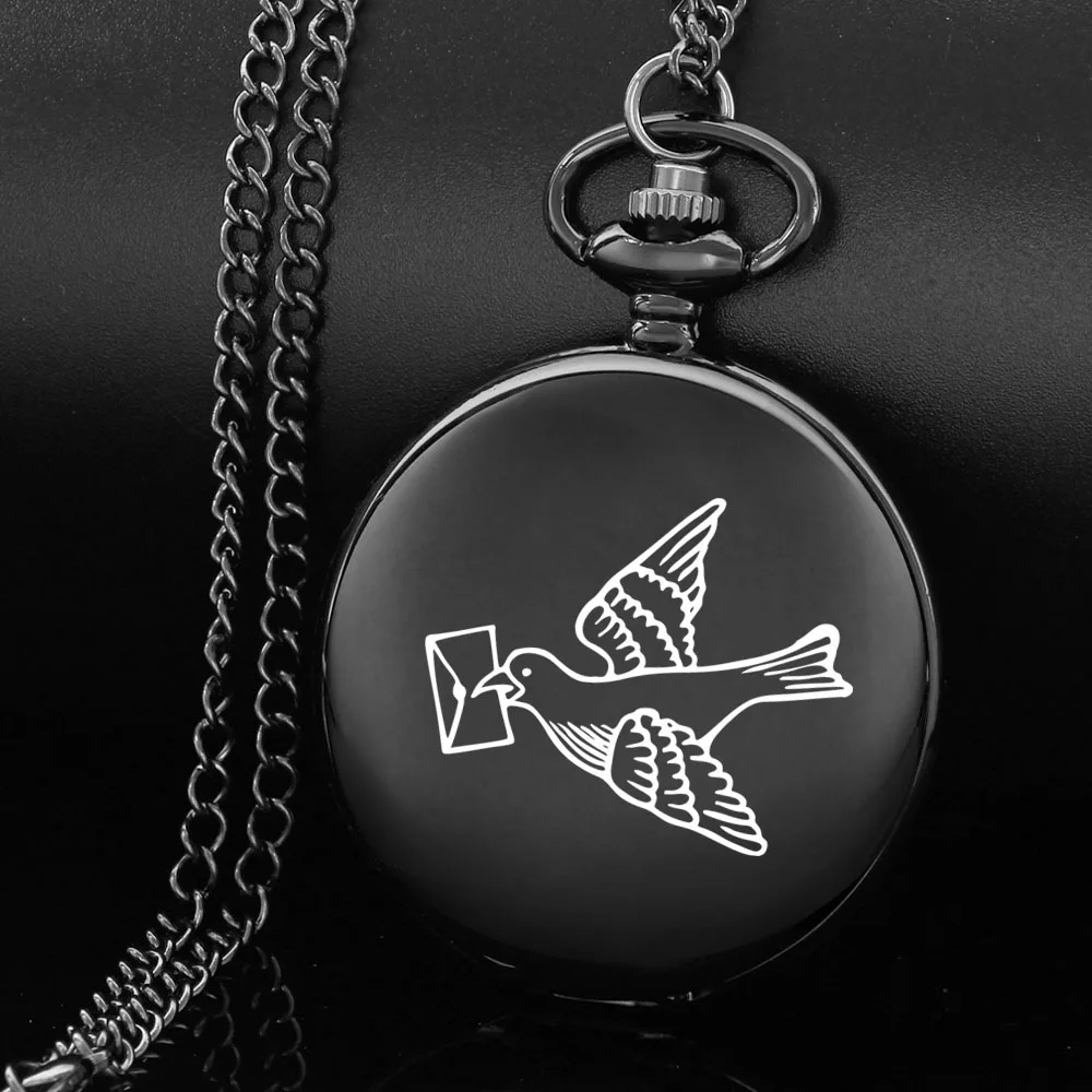 Flying pigeons carry messages design carving english alphabet face pocket watch a chain Black quartz watch birthday perfect gift