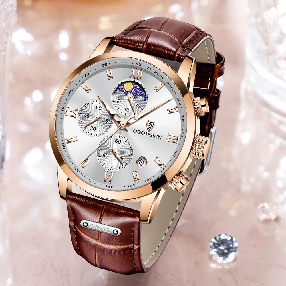 LIGE Luxury Fashion Women Watch Leather Strap Waterproof Casual Sport Quartz Wristwatch 24 Hour Moon Phase Clock Watch for Women