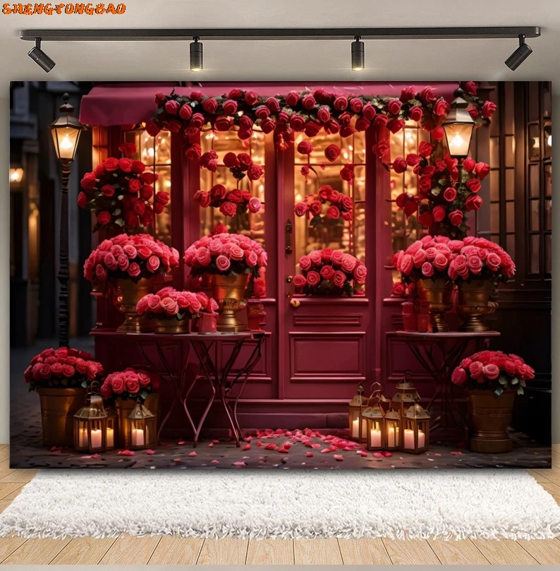 February 14 Valentine's Day Backdrop Rose Flower Store Window Red Love Heart Romantic Valentine Wedding Photography Background