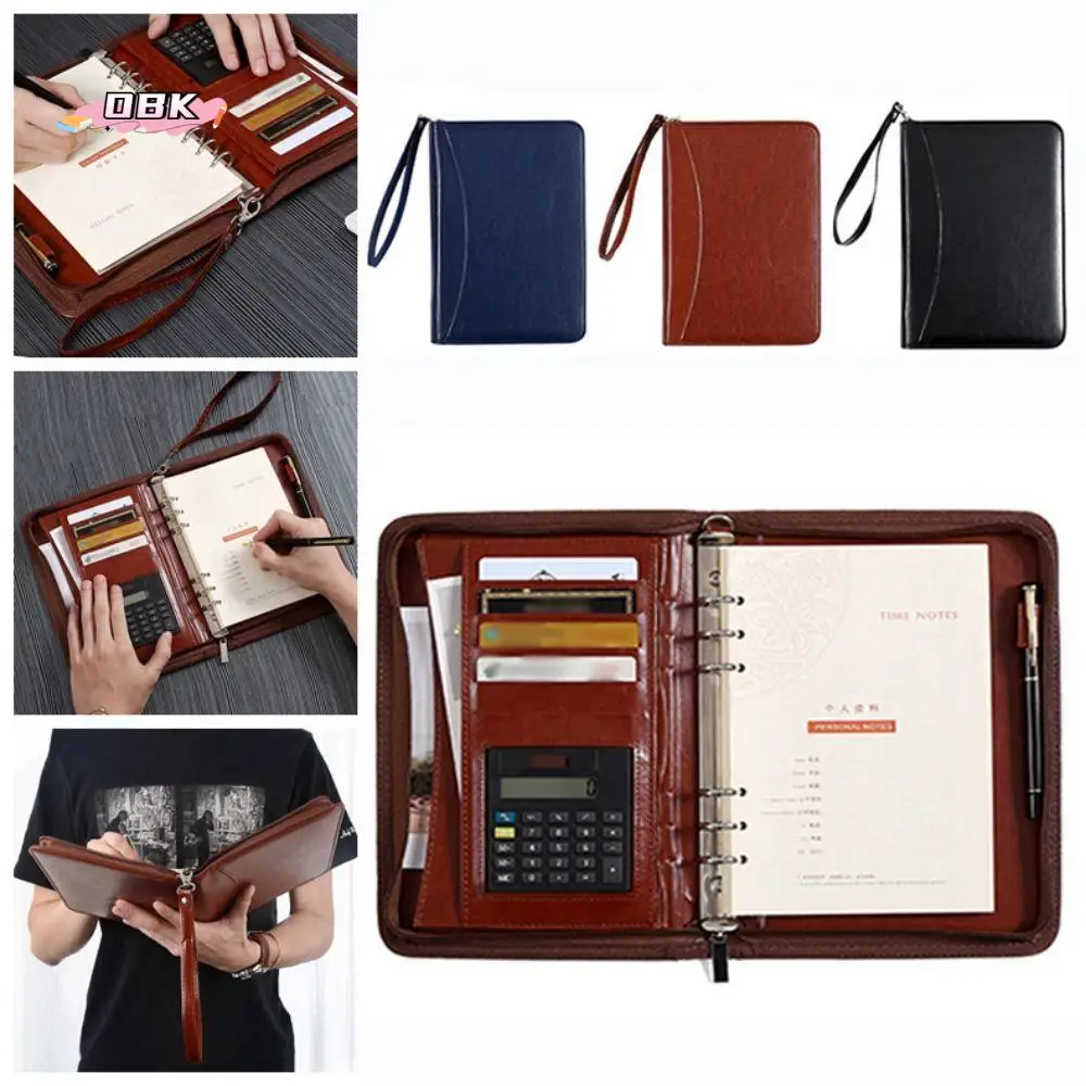 

Portable File Folder PU Leather Card Holder Portfolio Binder 6-Ring Zippered Closure Business Notebook Business Meeting