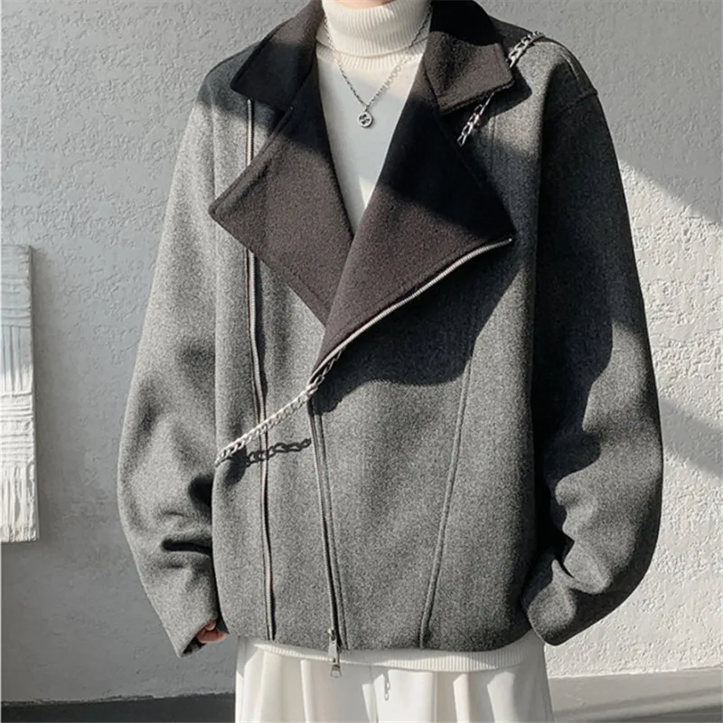 

Autumn Winter Fashion Patchwork Men's Casual Jackets Loose Turn Down Collar Woolen Outwear Coat Male Korean Chic Zipper Jacket