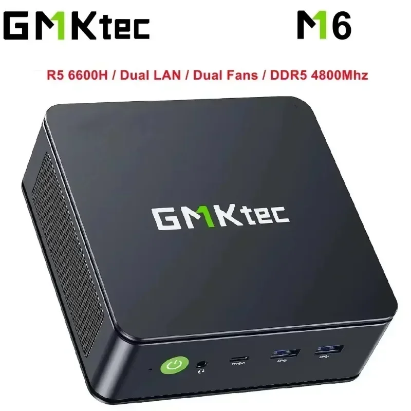 GMKtec M6 MINI PC R5 6600H WINS 11 Pro DDR5 4800M PCIe3.0 Nvme SSD WIFI6 BT5.2 Dual LAN and Fans 4K@60hz Desktop Gaming Computer