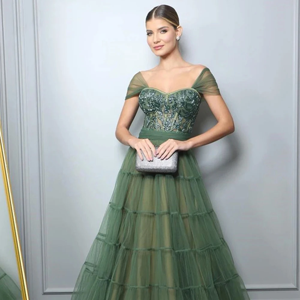 

Customized Sexy Backless Simple Green Tulle Evening Dresses Tiered Off the Shoulder Appliques Ball Gown A-line Formal Pageant Go