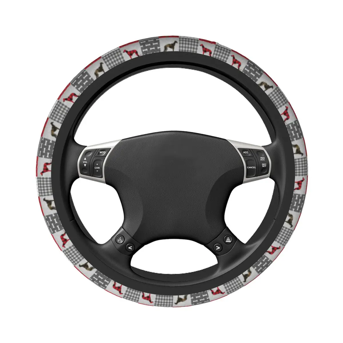 Plaid Greyhound Car Steering Wheel Cover 37-38 Universal Dog Cartoon Fashion Auto Decoration Interior Accessories