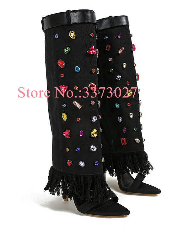 Crystal Decor Denim Lady Long Boots Sexy Fringe Pointed Toe Woman Knee High Boots Fashion Thin Heel Jean Sandals Boots