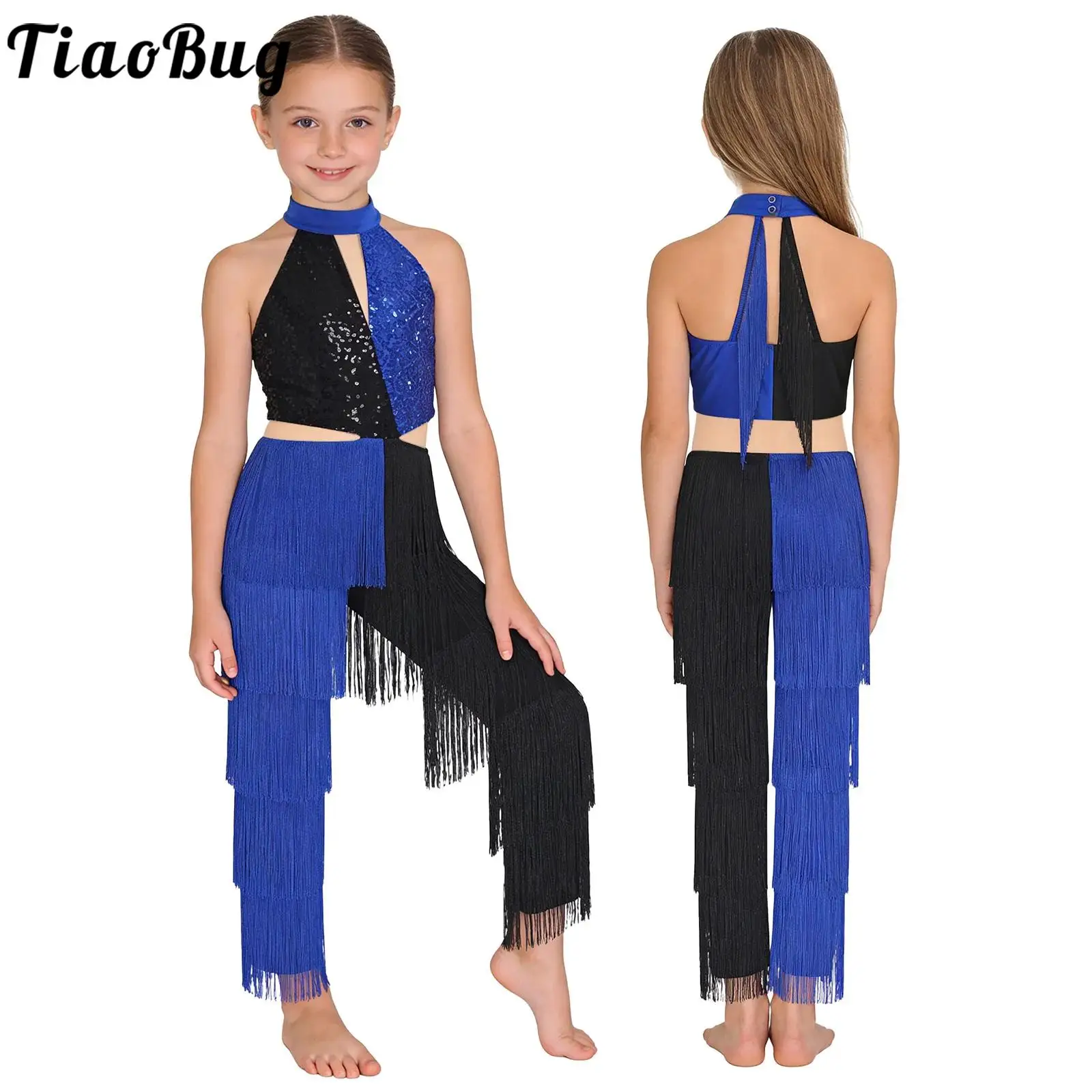 

Kids Girls 70s Disco Jumpsuit Shiny Sequin Fringe Long Pants Jazz Latin Contrast Color Bodysuit for Latin Prom Dance Performance