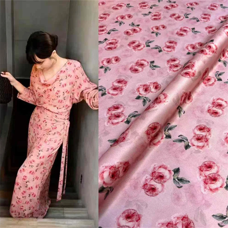 

Classic Pink Rose Digital Print 20mumi Elastic Satin Designer Sewing Material Light Luxury Handmade DIY Mulberry Silk Fabric