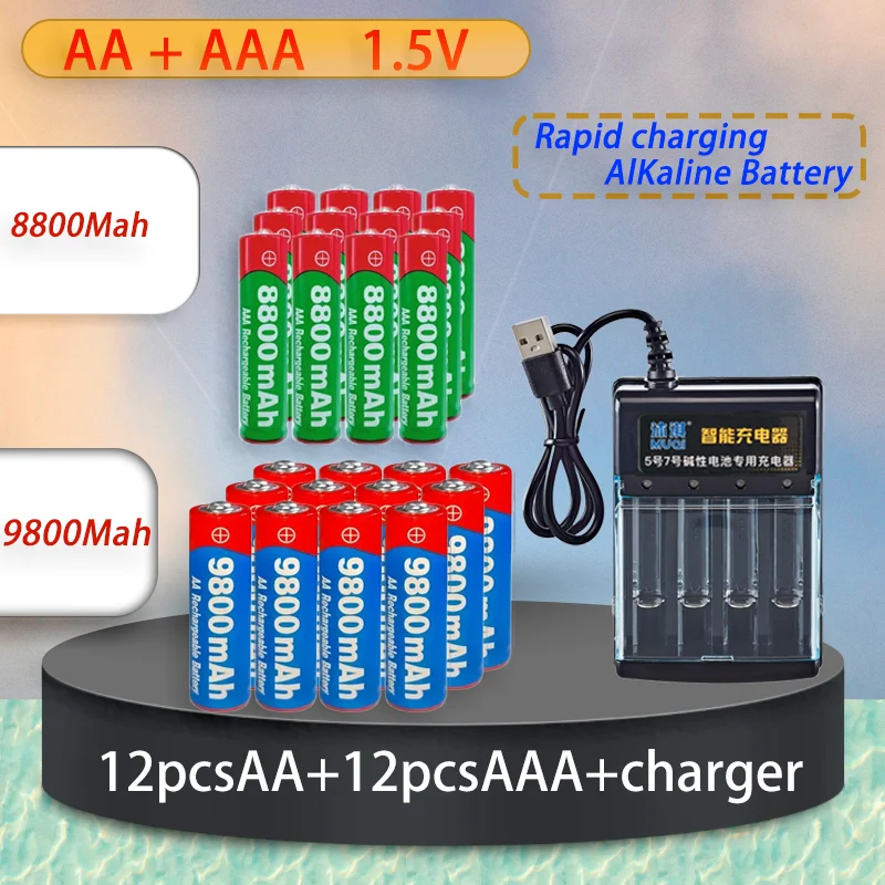 

2025 Long Life Rechargeable Battery1.5V AA9800Mah+AAA 8800Mah Smart Charger for Computer Clock RadioVideo Game Electronic Toys