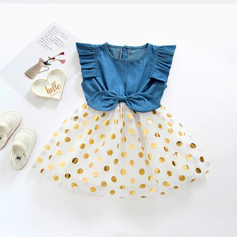 

Summer New Fashion Toddler Baby Girls Sleeveless Dot Print Denim Bow Dress Tulle Dresses Clothes Wholesale Free Ship Z6