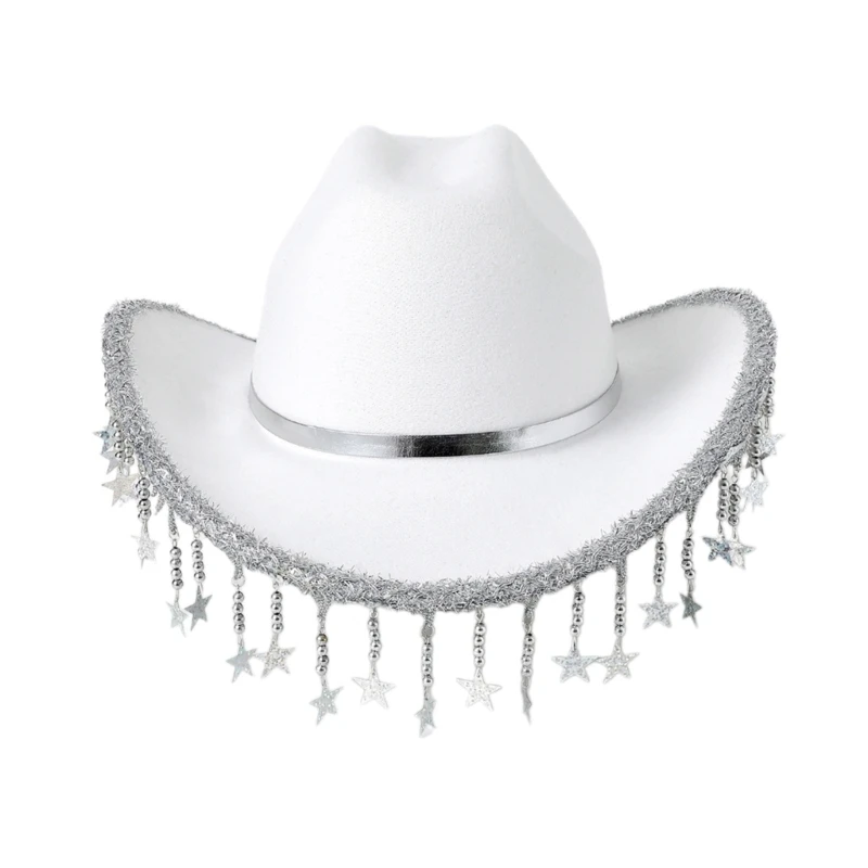 50JB Shimmering Cowboy Hats with Sequins Star Fringe for Proms Banquets Party Plain Color Cowboy Hats for Adult Taking Photo