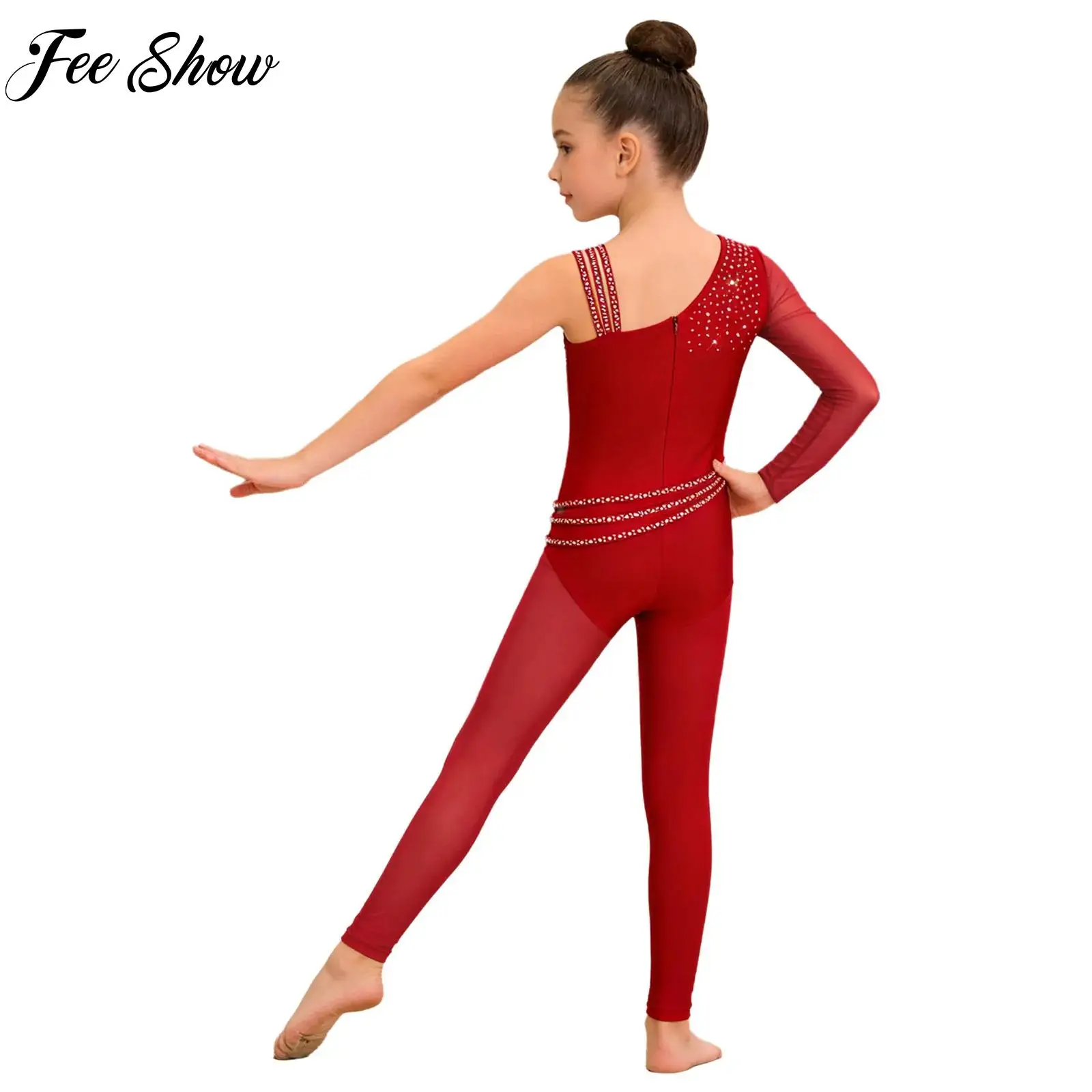

Kids Girls Figure Skating Gymnastics Performance Dance Jumpsuit Rhinestones Bodysuit Ballet Contemporary Stage Competition Outfi