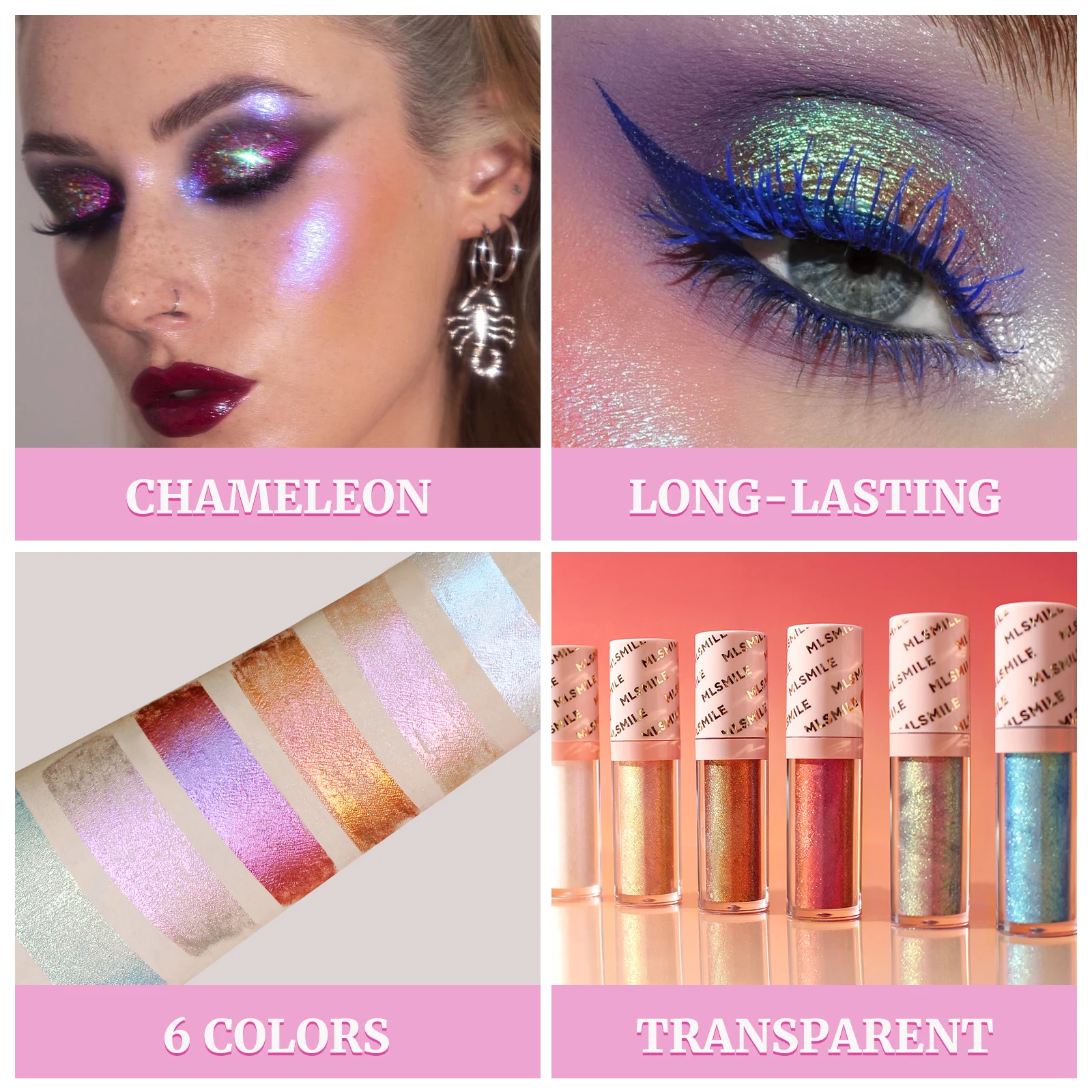 Sombra de ojos líquida metálica, aspecto de ojos multidimensional, brillo holográfico de larga duración, maquillaje de sombras de ojos multicromo