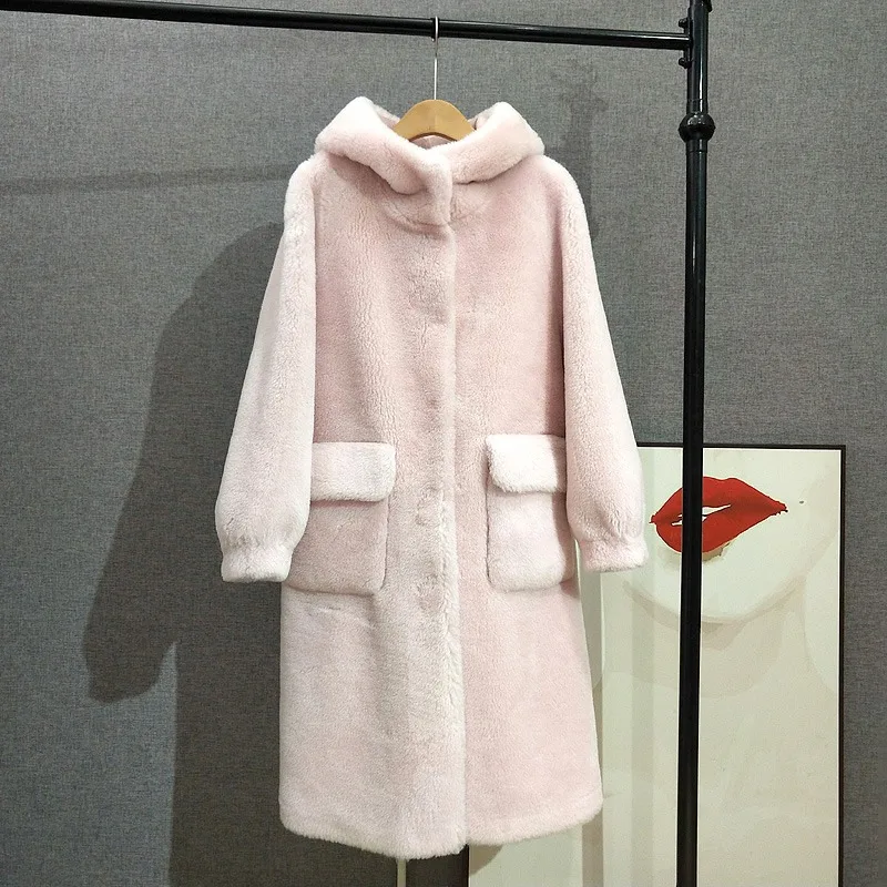 Girl\'s Knee-length Hooded Real Wool Jacket Women Lamb Fur  Sheep Shearling Long Coat PT416