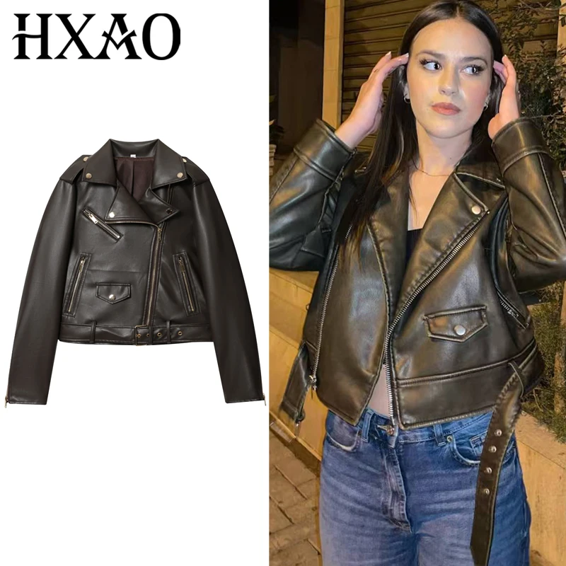 

HXAO Коричневая кожаная куртка Женские куртки Осень 2025 Укороченные топы на молнии с длинными рукавами Верхняя одежда Новые пальто и куртки Шикарные пальто