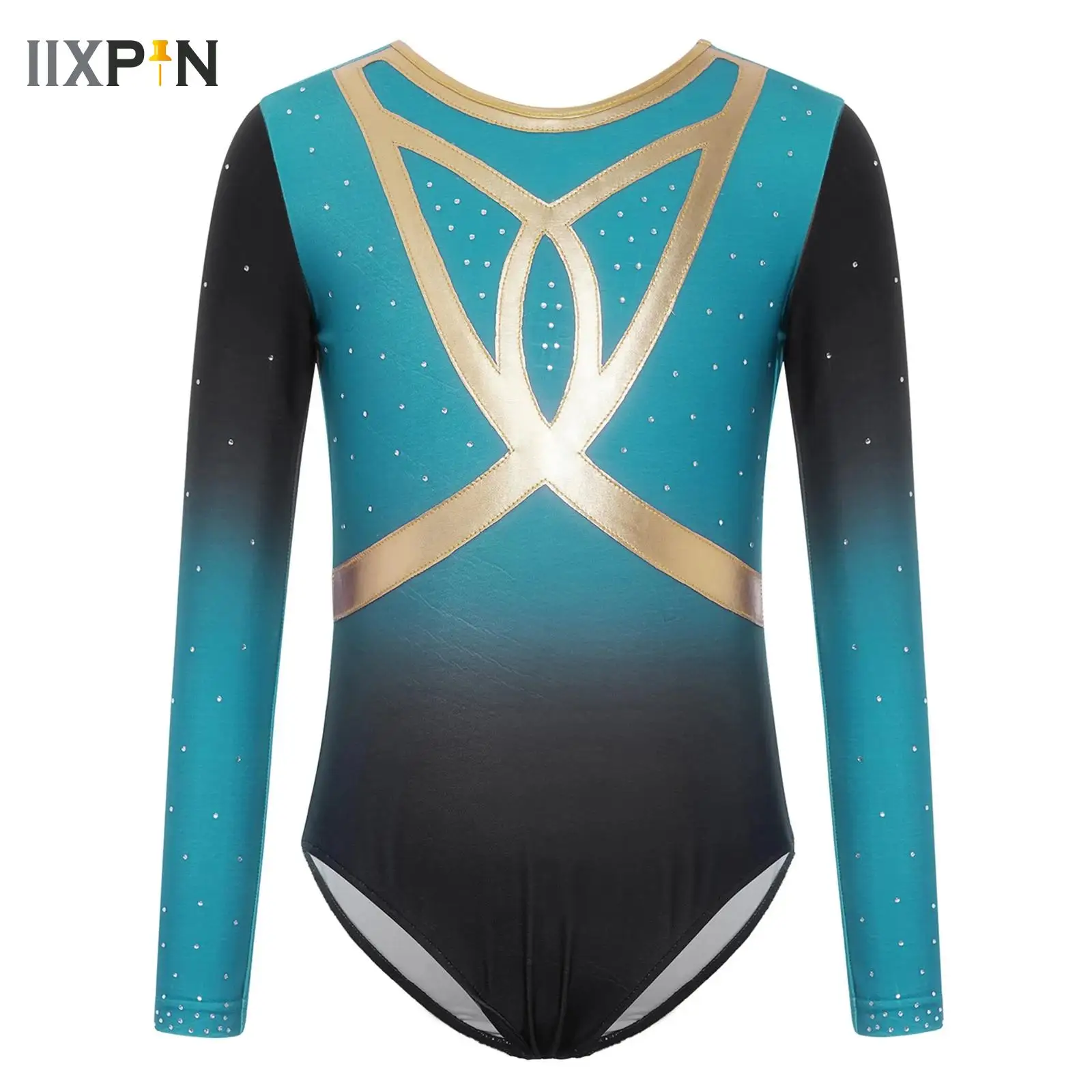 

Kids Girls Ballet Jersey Rhythmic Gymnastics Leotards Bodysuit Gradient Rhinestones Unitard Artistic Skating Performance Costume