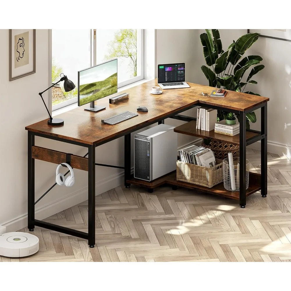 مكتب زاوية مدمج مقاس 48 بوصة مع مساحة تخزين وحامل كمبيوتر للمساحات الصغيرة